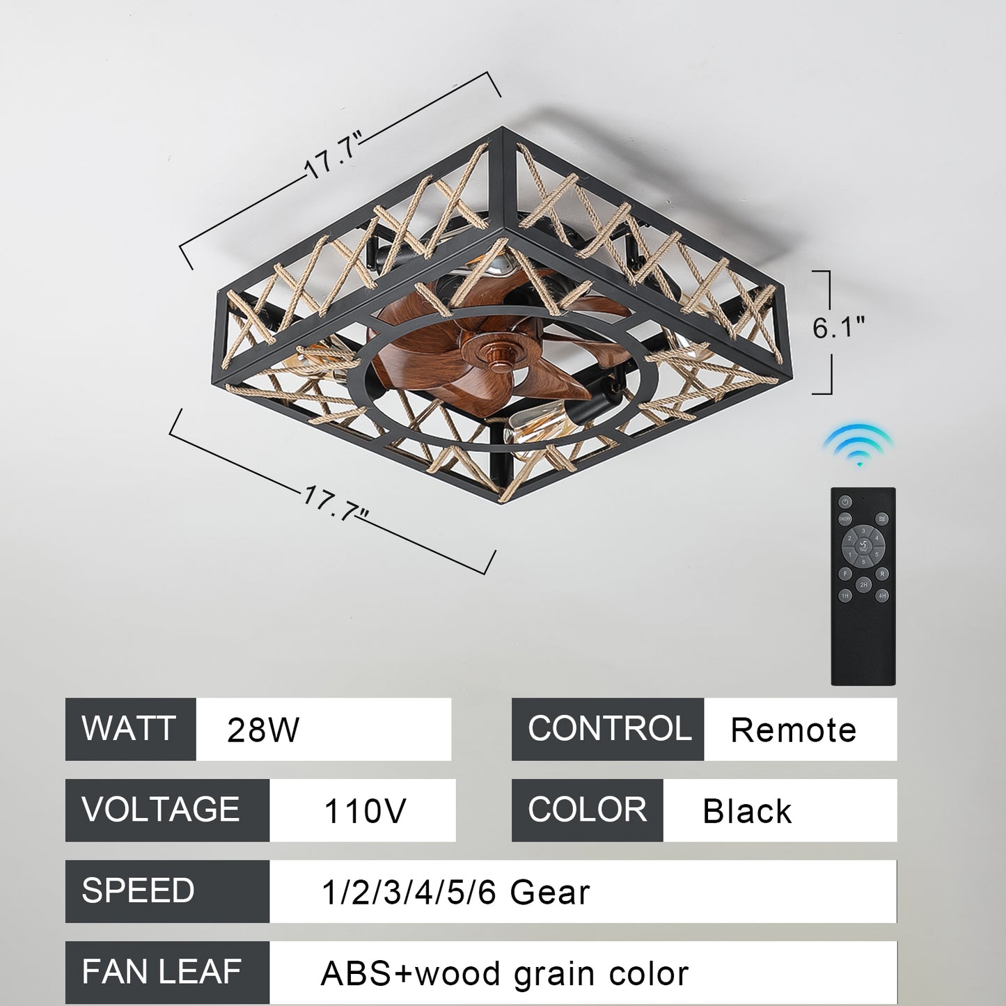 Farmhouse Rustic Ceiling Fan and Remote Control,Square Caged Industrial Ceiling Fixture