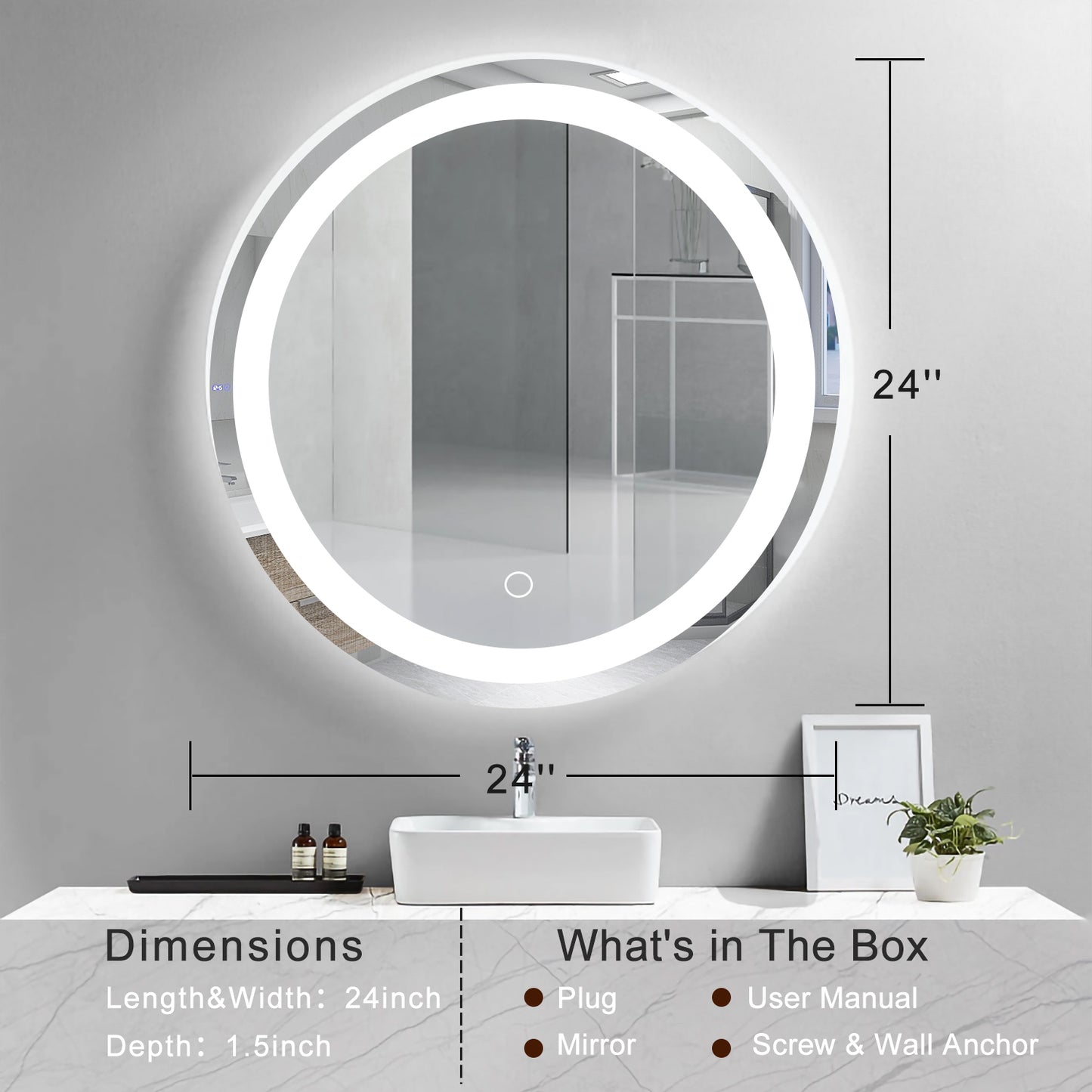 24 Inch LED Round Bathroom Mirror