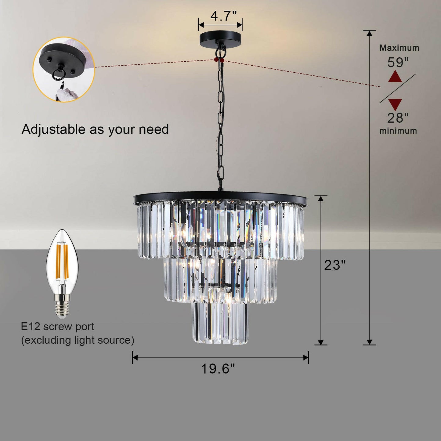 Black Luxury Crystal Chandelier Modern Chandeliers Lights Fixture Hanging Pendant Light Fixture for Dining Room Bedroom Living Room Dia 19.7 Inch-Black