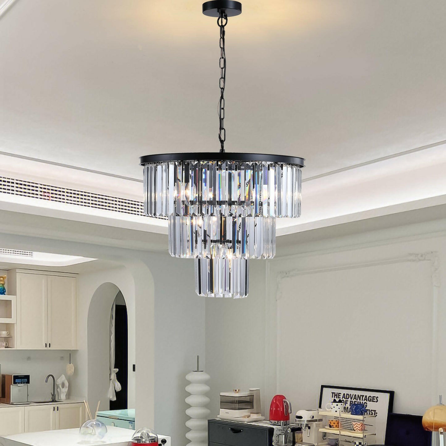 Black Luxury Crystal Chandelier Modern Chandeliers Lights Fixture Hanging Pendant Light Fixture for Dining Room Bedroom Living Room Dia 19.7 Inch-Black