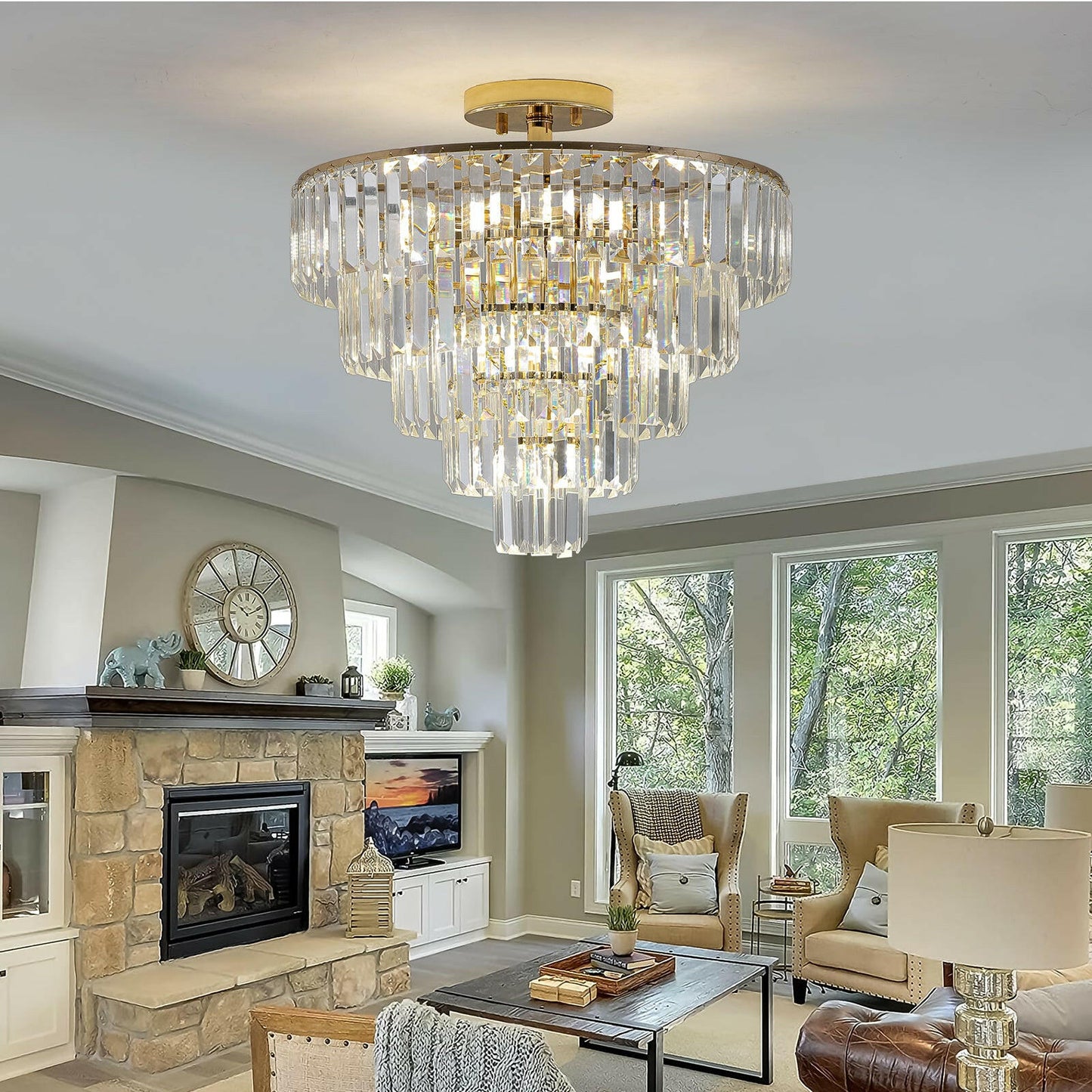 Gold Crystal Chandeliers,5-Tier Round Semi Flush Mount Chandelier Light Fixture,Large Contemporary Luxury Ceiling Lighting for Living Room Dining Room Bedroom Hallway