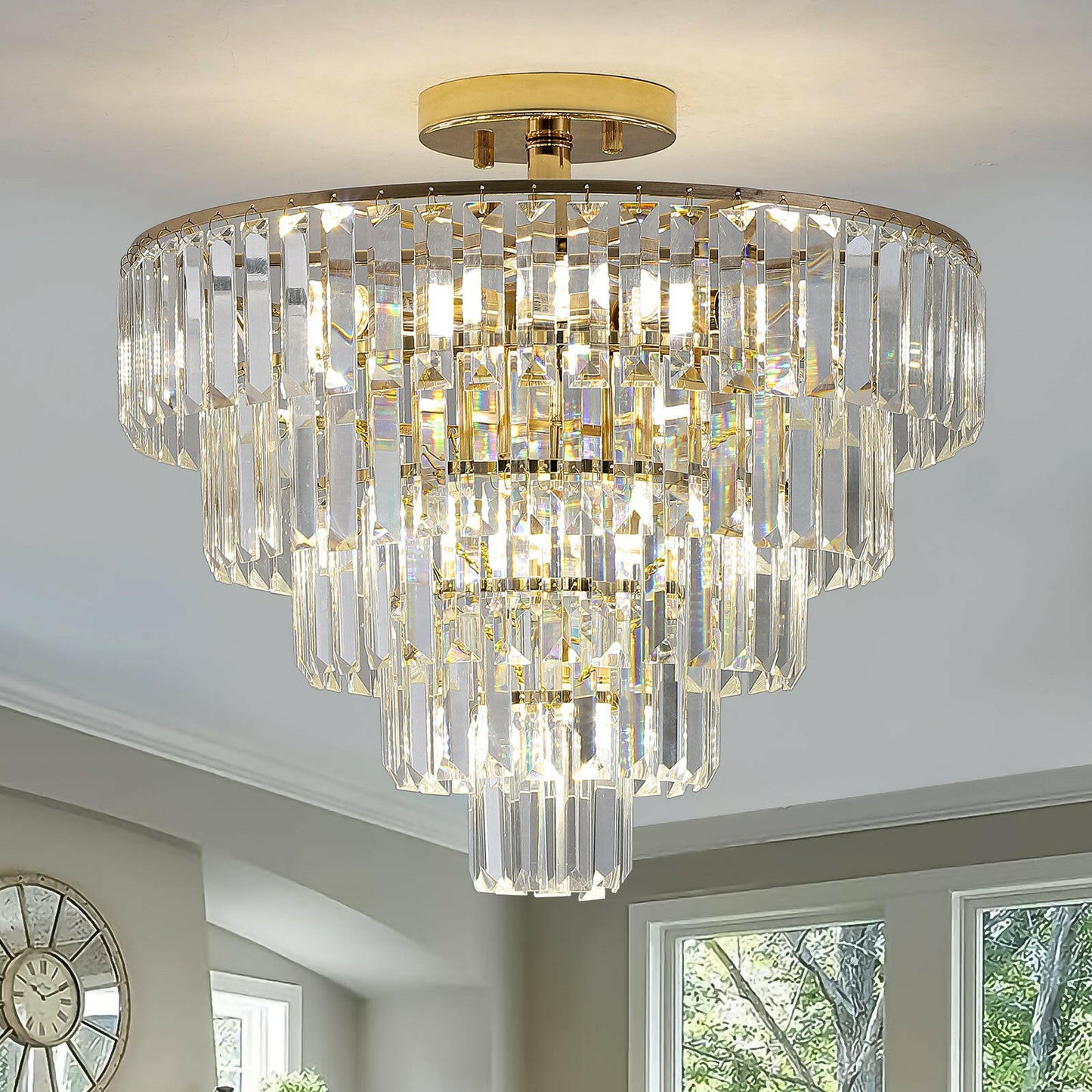 Gold Crystal Chandeliers,5-Tier Round Semi Flush Mount Chandelier Light Fixture,Large Contemporary Luxury Ceiling Lighting for Living Room Dining Room Bedroom Hallway