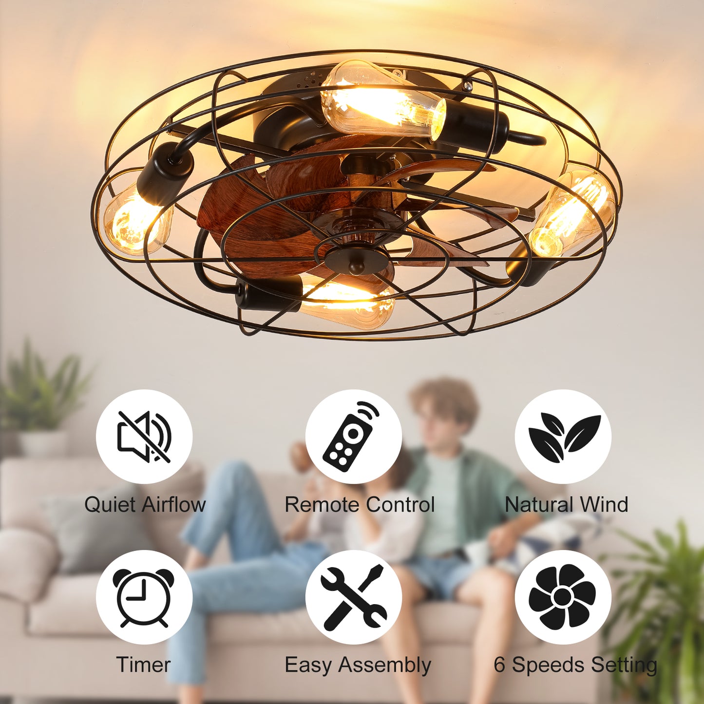 Caged Ceiling Fan With Light, 20'' farmhouse Low Profile Ceiling fan Lights With Remote Control, Modern Enclosed 4x E26 Bulb Ceiling Fans With Reversible Motor Living Room Bedroom Kitchen, Black