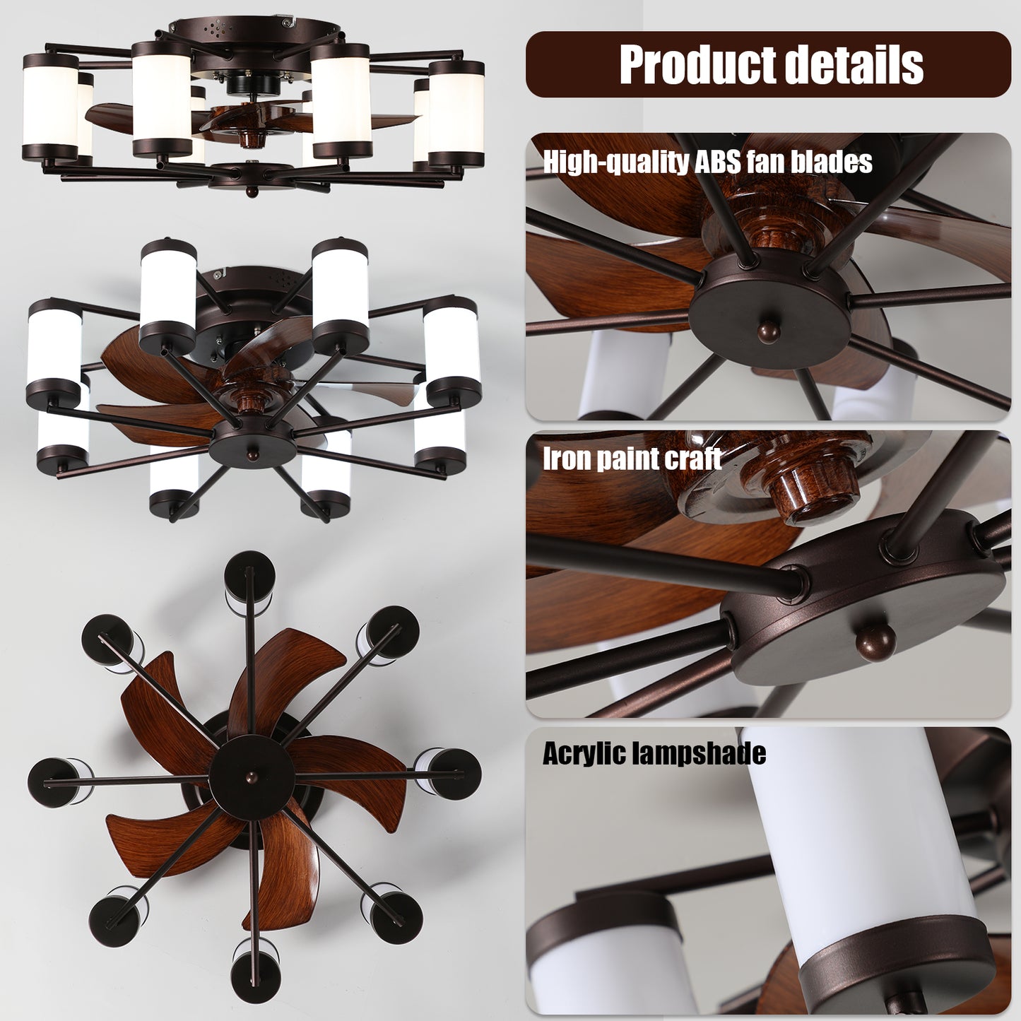 Dimmable ceiling fan light, 6 speed reversible, with remote control flush mount