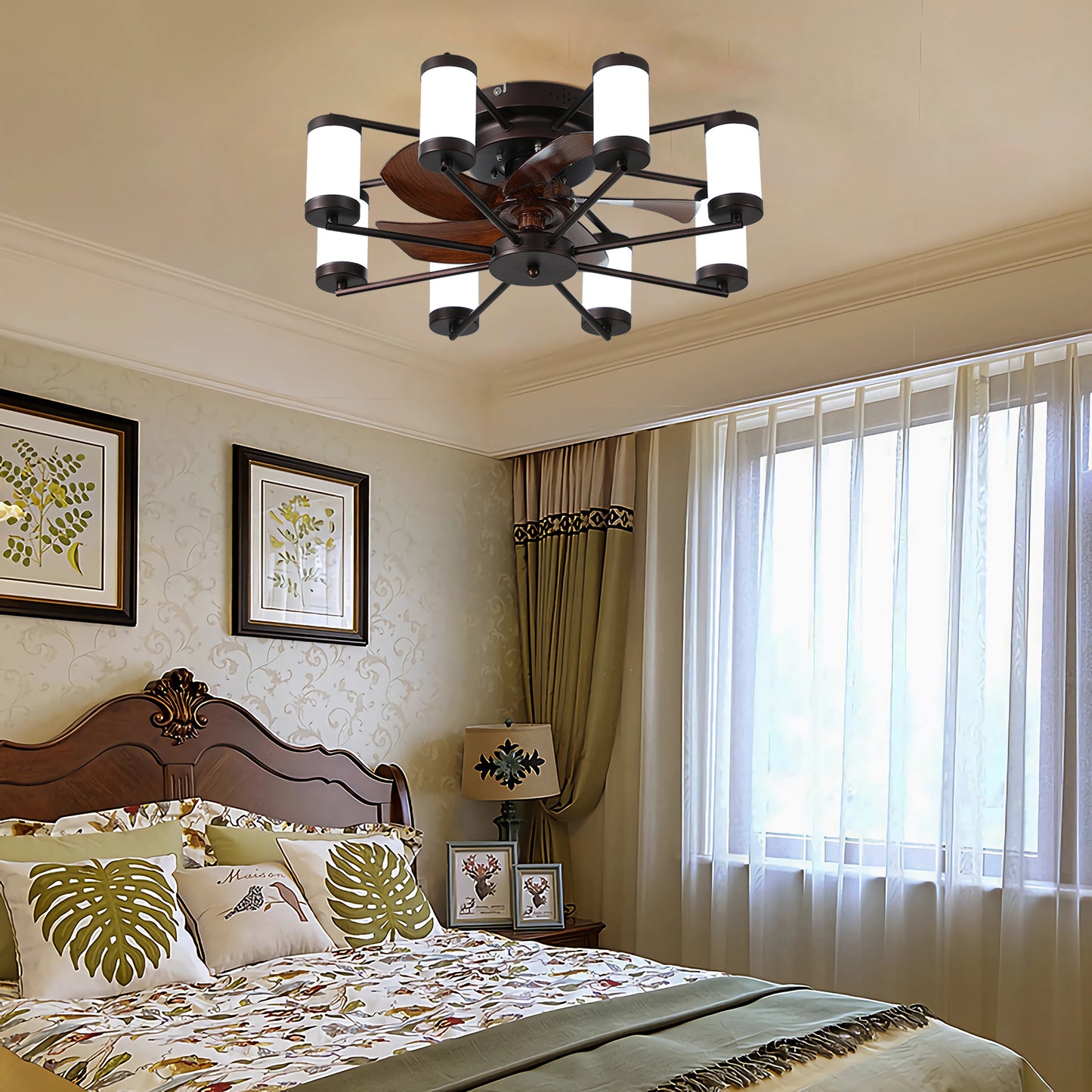 Dimmable ceiling fan light, 6 speed reversible, with remote control flush mount