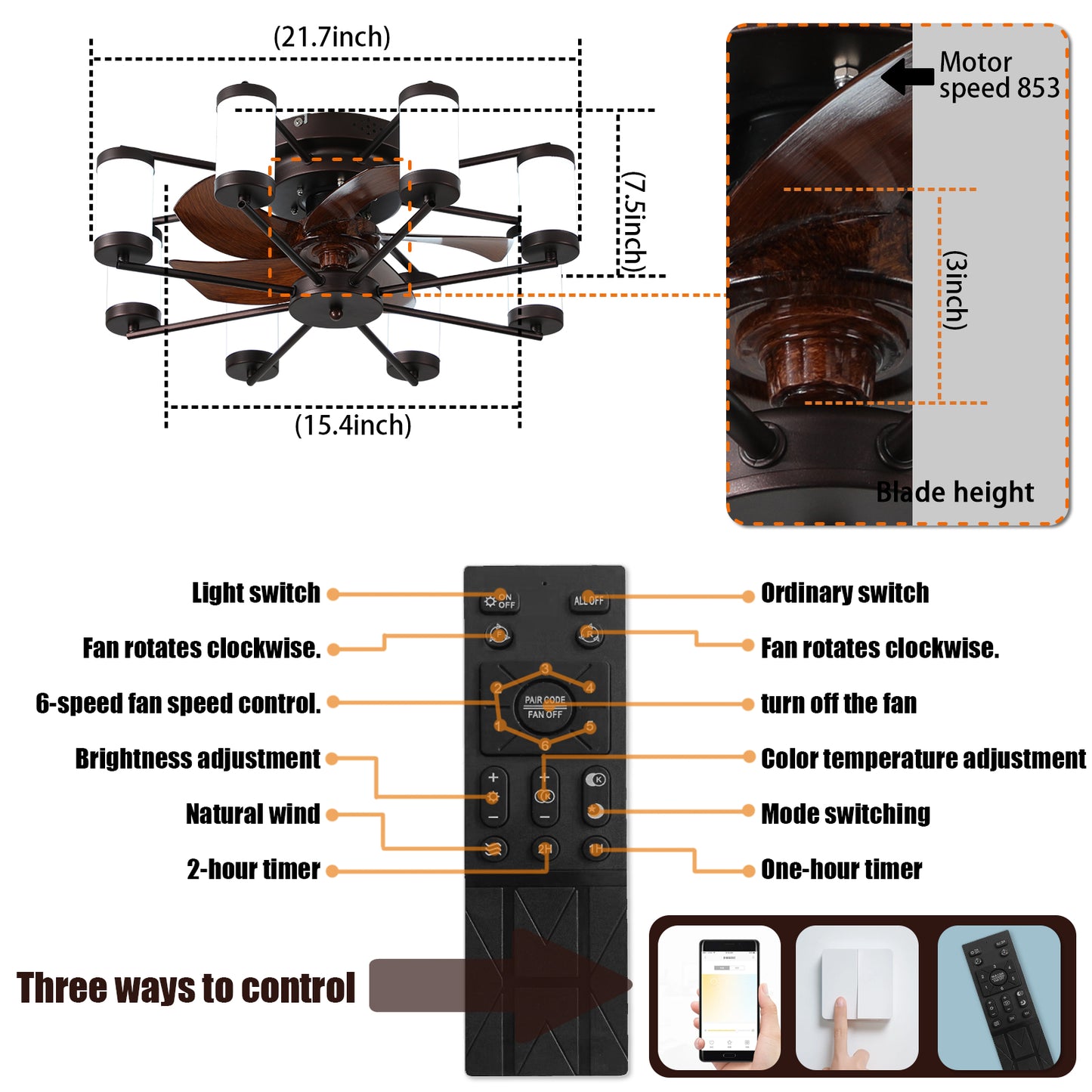 Dimmable ceiling fan light, 6 speed reversible, with remote control flush mount