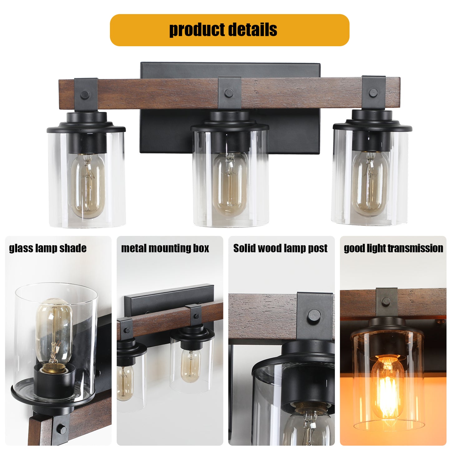 3-Lights Farmhouse Vanity Lights Fixture Rustic Bathroom Light Fixture Bathroom Sconce